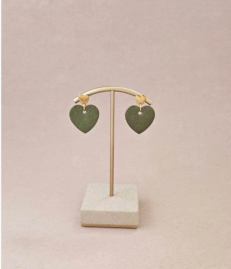 Khaki Heart Leather Earrings