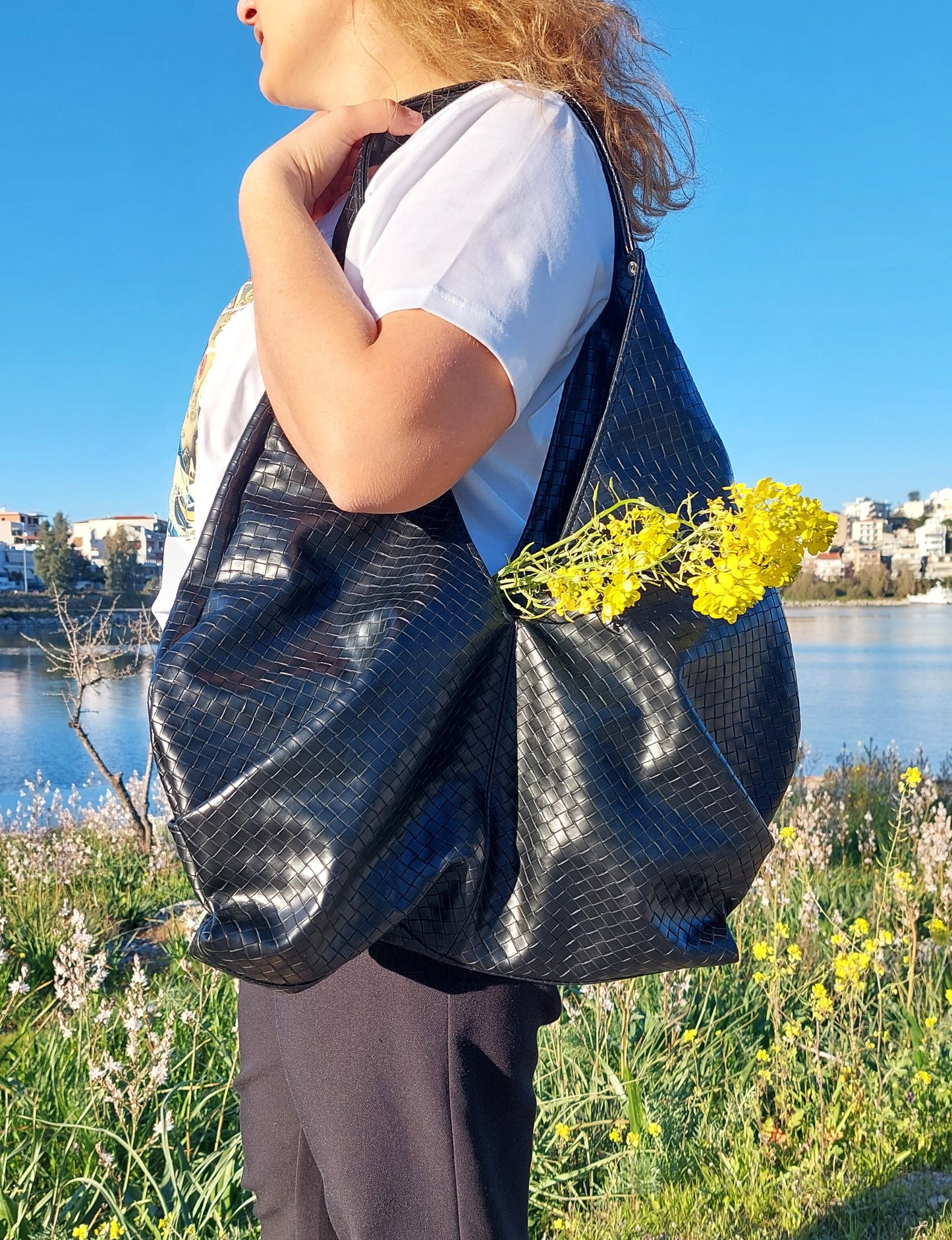 TOKYO BLACK KNITTED ECO LEATHER SHOULDER BAG