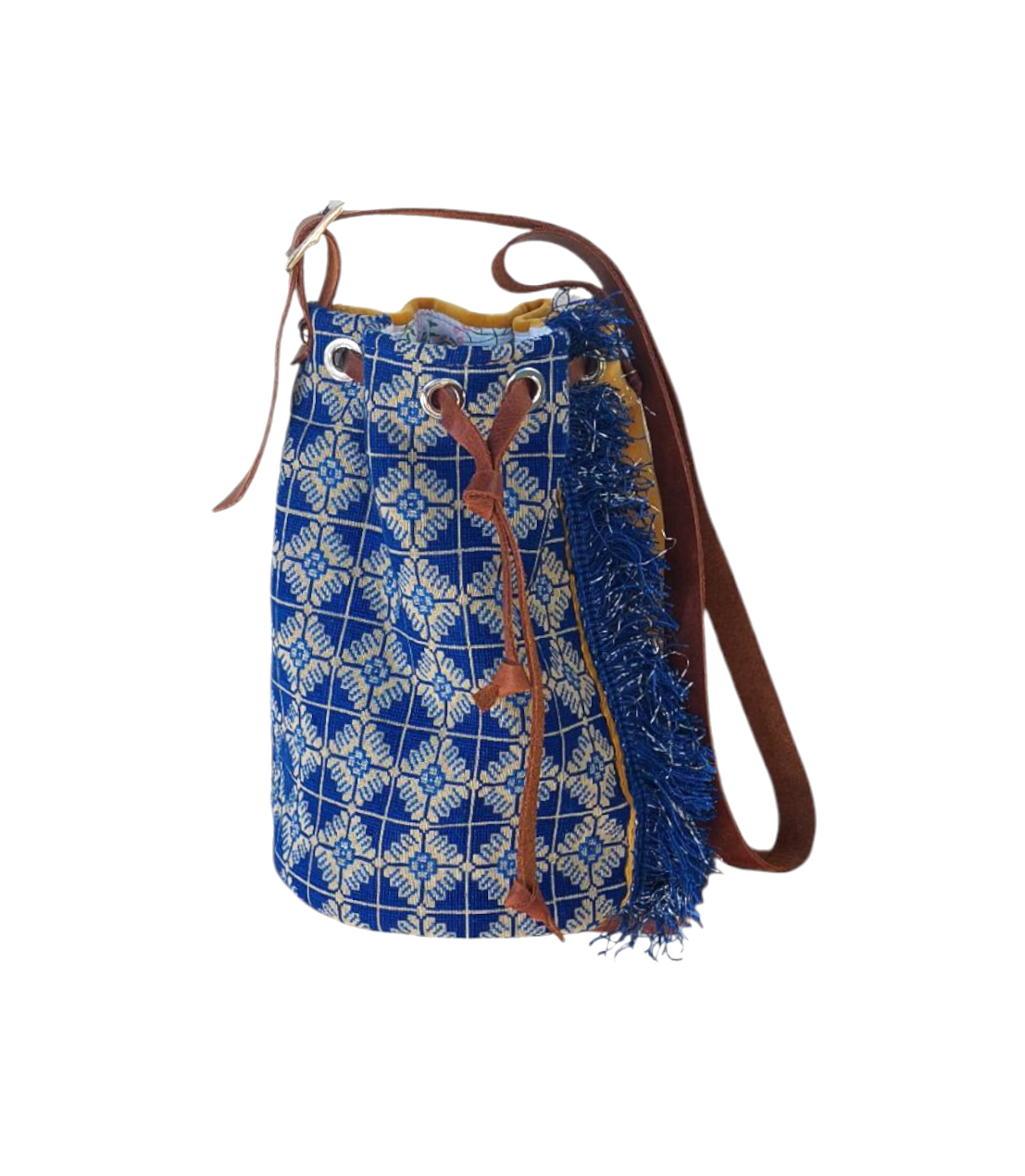 "SEMEDAKI" BLUE BUCKET BAG WITH LEATHER STRAP
