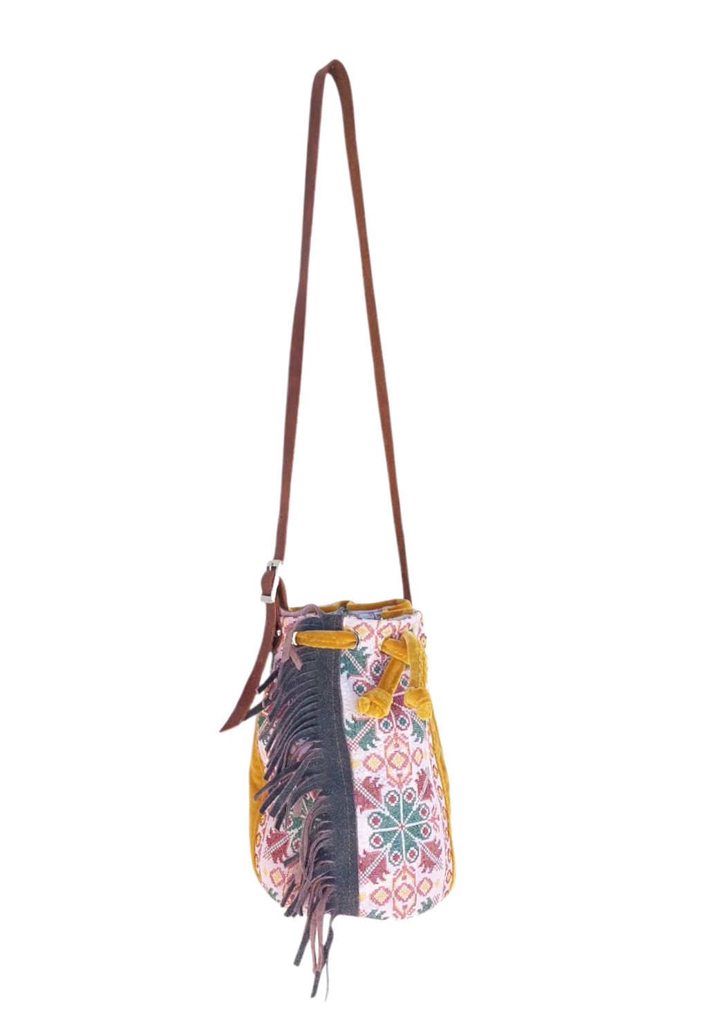 "SEMEDAKI" FRINGES BUCKET BAG WITH LEATHER STRAP