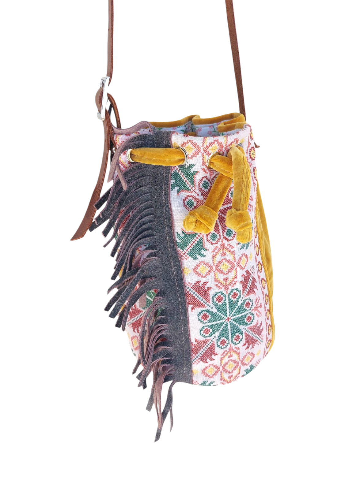 "SEMEDAKI" FRINGES BUCKET BAG WITH LEATHER STRAP