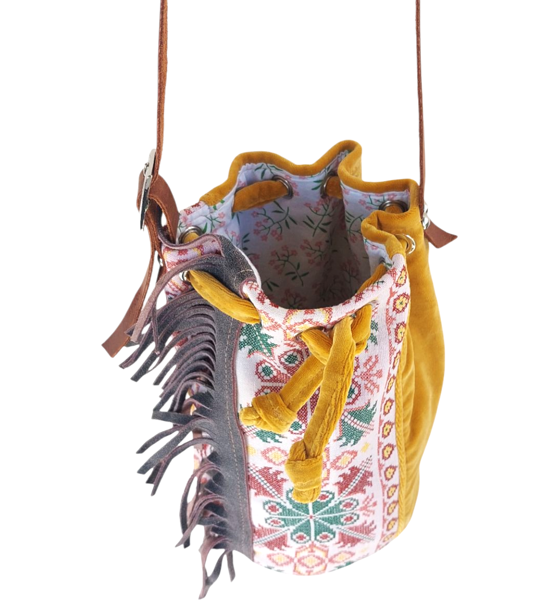 "SEMEDAKI" FRINGES BUCKET BAG WITH LEATHER STRAP