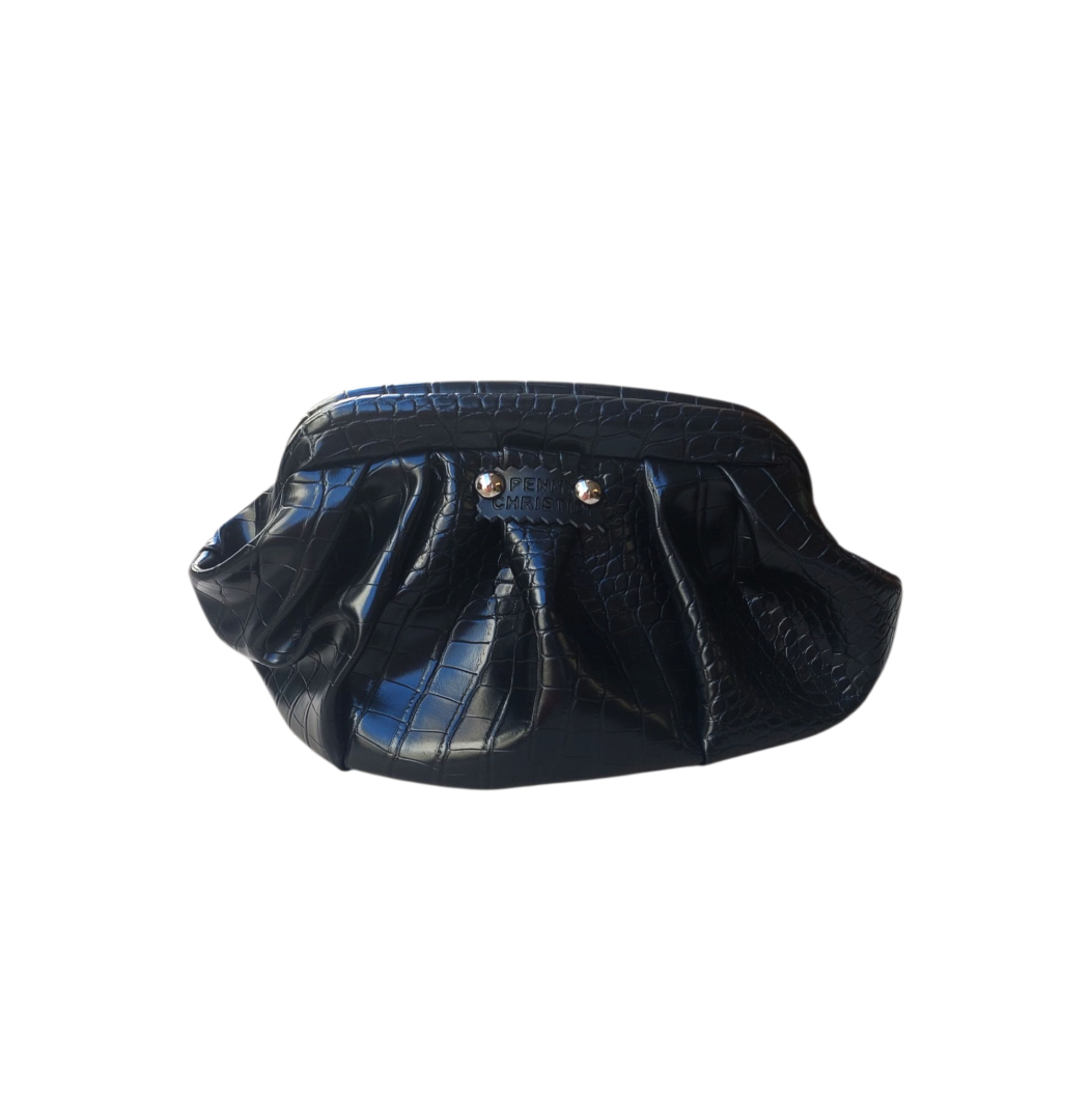 BLACK CROCO DUMPLING POUCH BAG - MINI