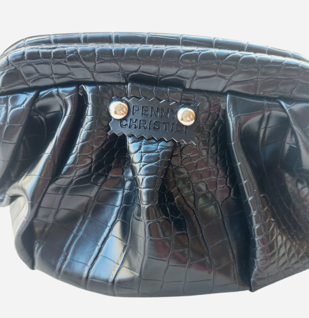 BLACK CROCO DUMPLING POUCH BAG - MINI