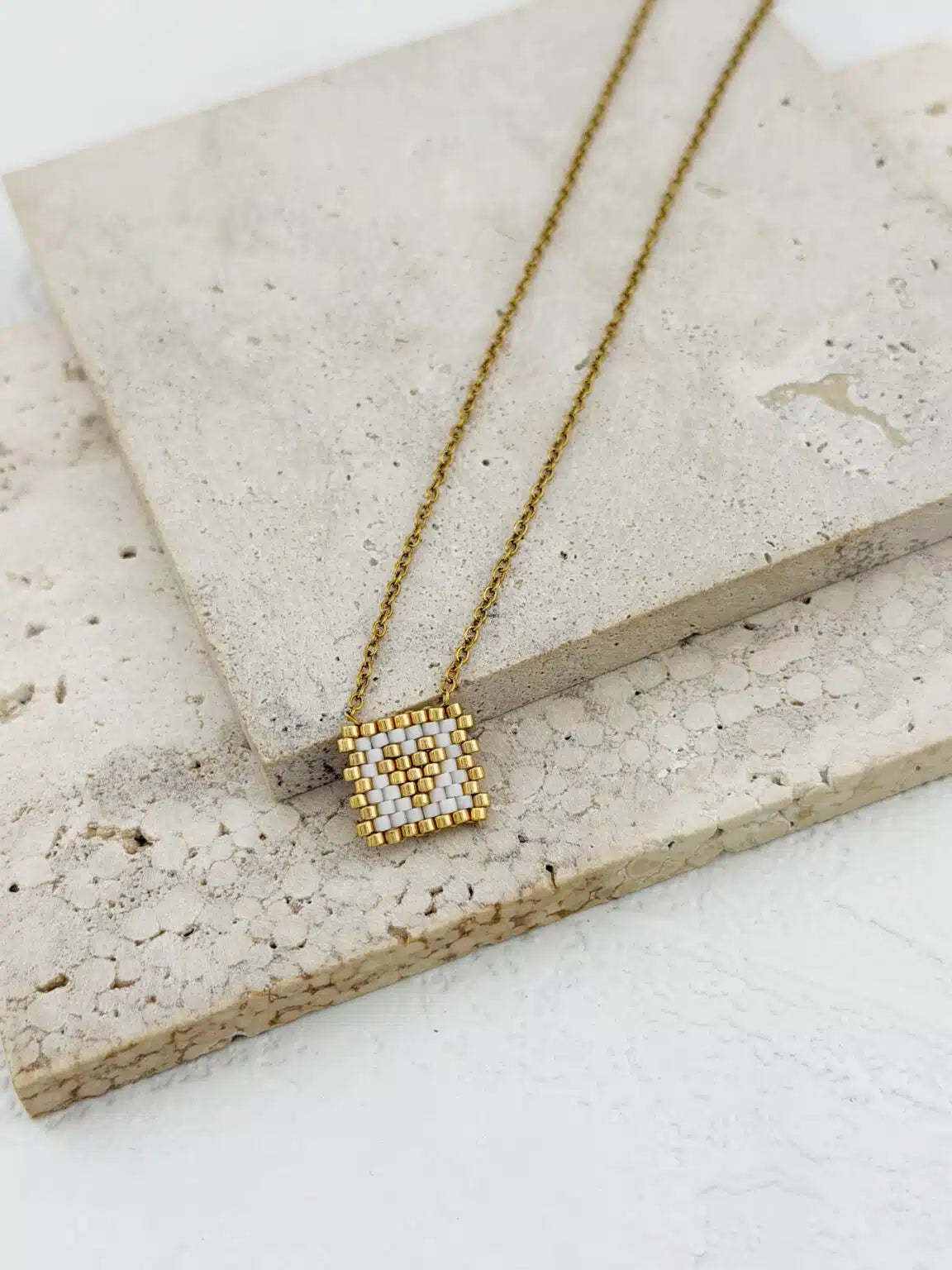 Gold Square White Heart Necklace