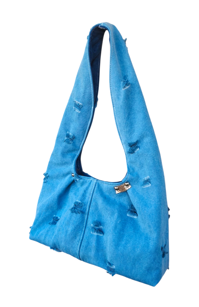 BLUE RIPPED JEAN HOBO SHOULDER BAG