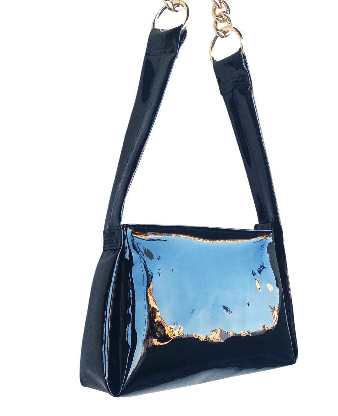 FRENCH BLACK PATENT LEATHER SHOULDER BAG WITH GOLD CHAIN