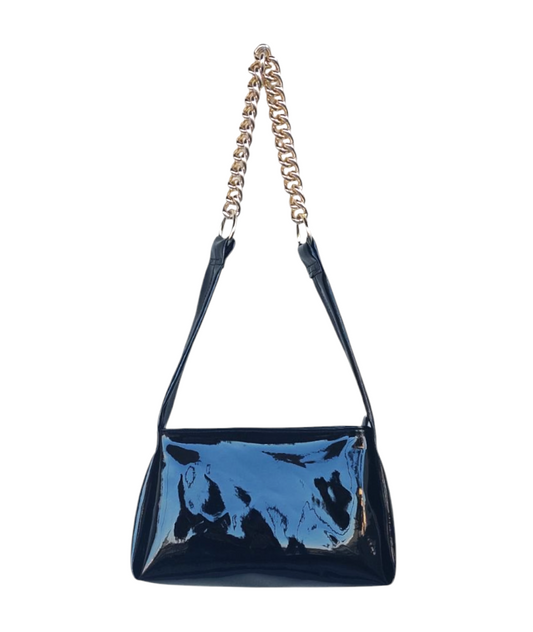 FRENCH BLACK PATENT LEATHER SHOULDER BAG WITH GOLD CHAIN
