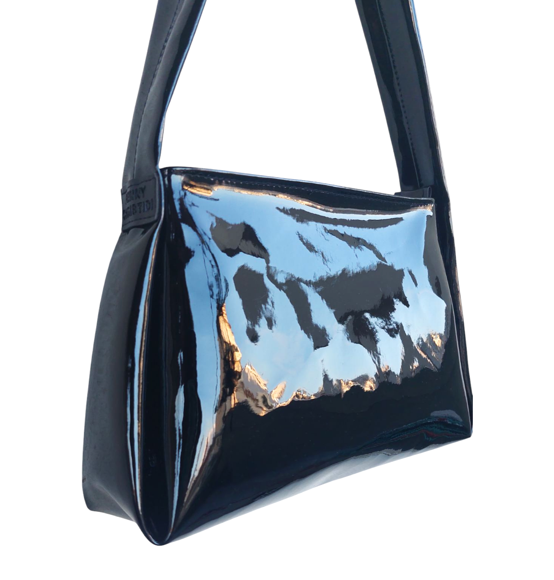 FRENCH BLACK PATENT LEATHER SHOULDER BAG WITH GOLD CHAIN