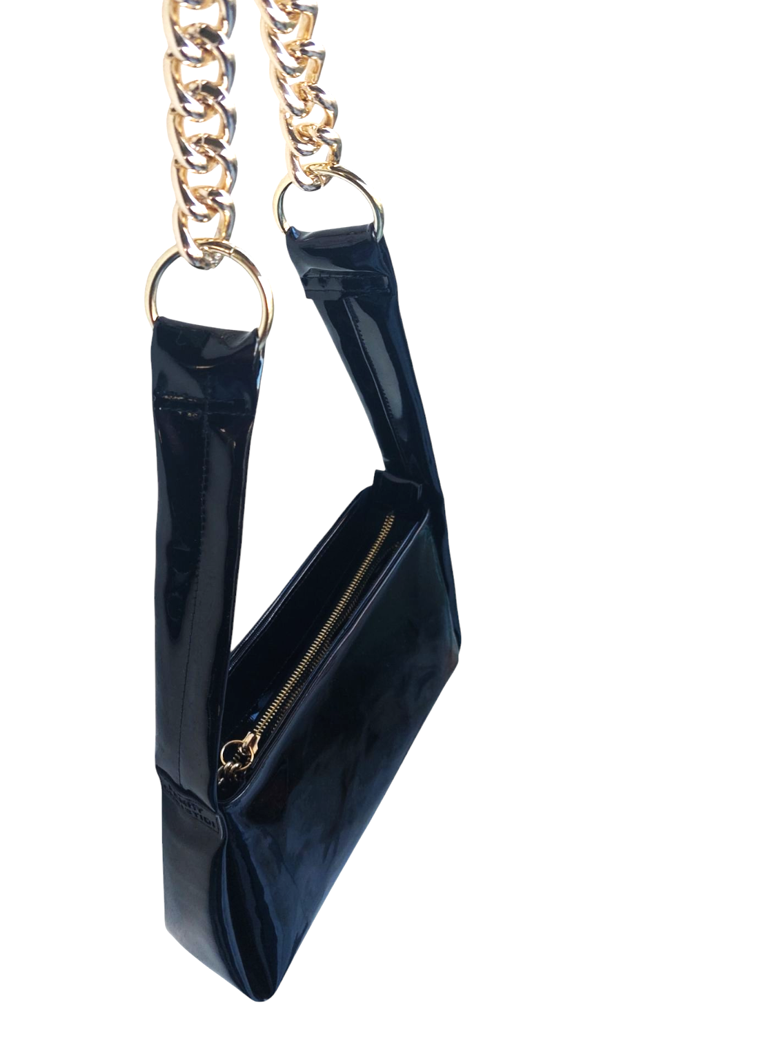 FRENCH BLACK PATENT LEATHER SHOULDER BAG WITH GOLD CHAIN