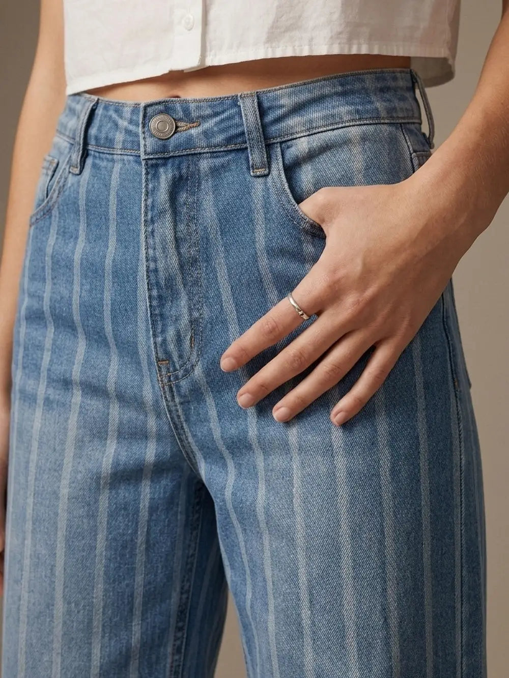 Striped Medium Wash Blue Jeans with Frayed Wide Leg