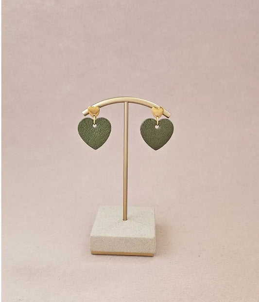 Khaki Heart Leather Earrings