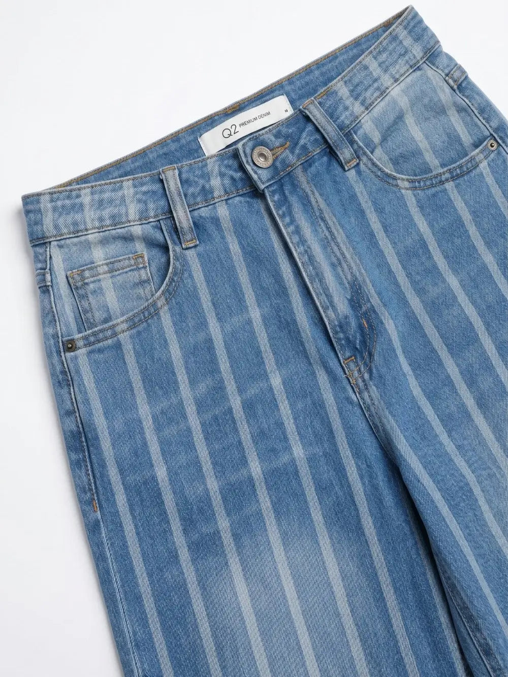 Striped Medium Wash Blue Jeans with  Frayed Wide Leg