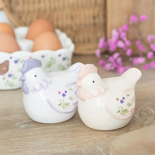 Floral Hen Chicken Shaped Salt and Pepper Shakers