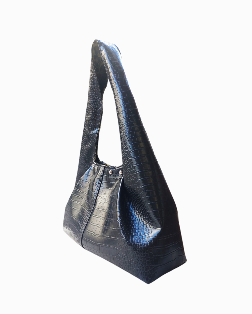 BLACK CROCO HOBO SHOULDER BAG