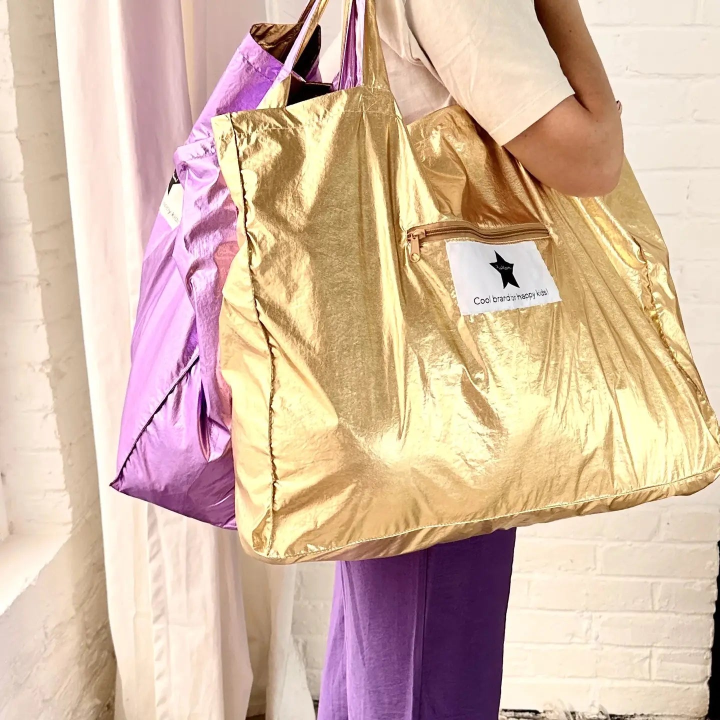 Large Metallic Shiny Tote Bag - Purple & Gold