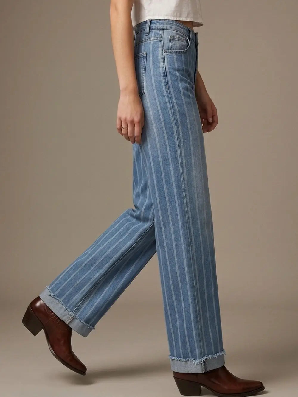 Striped Medium Wash Blue Jeans with  Frayed Wide Leg