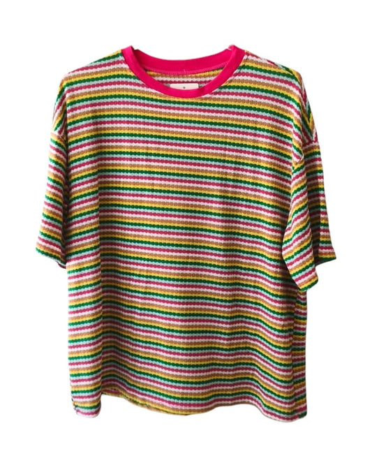Striped T-Shirt with A Round Neckline Fucshia