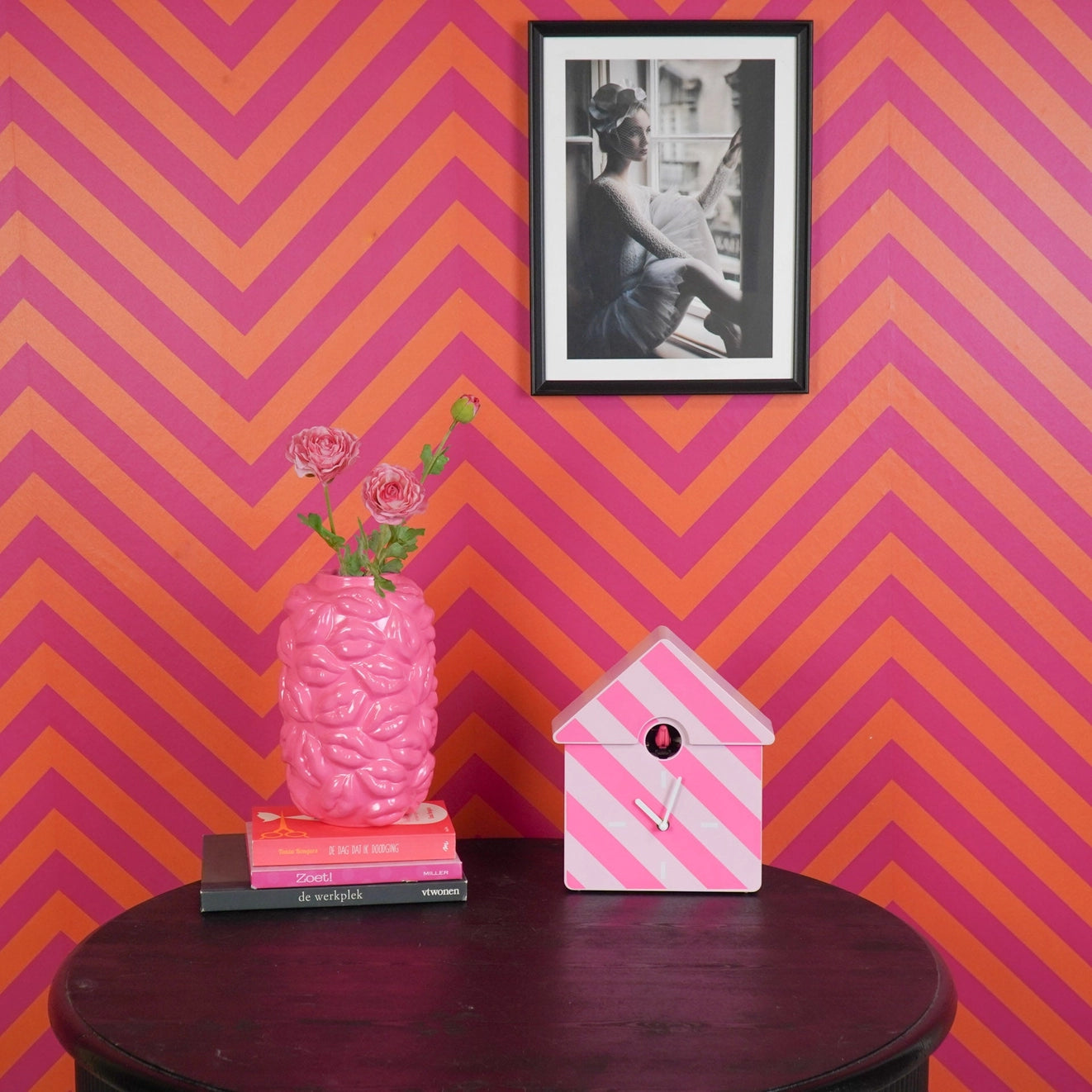 Clock Cuckoo Striped Pattern/Pink 24x27x9cm