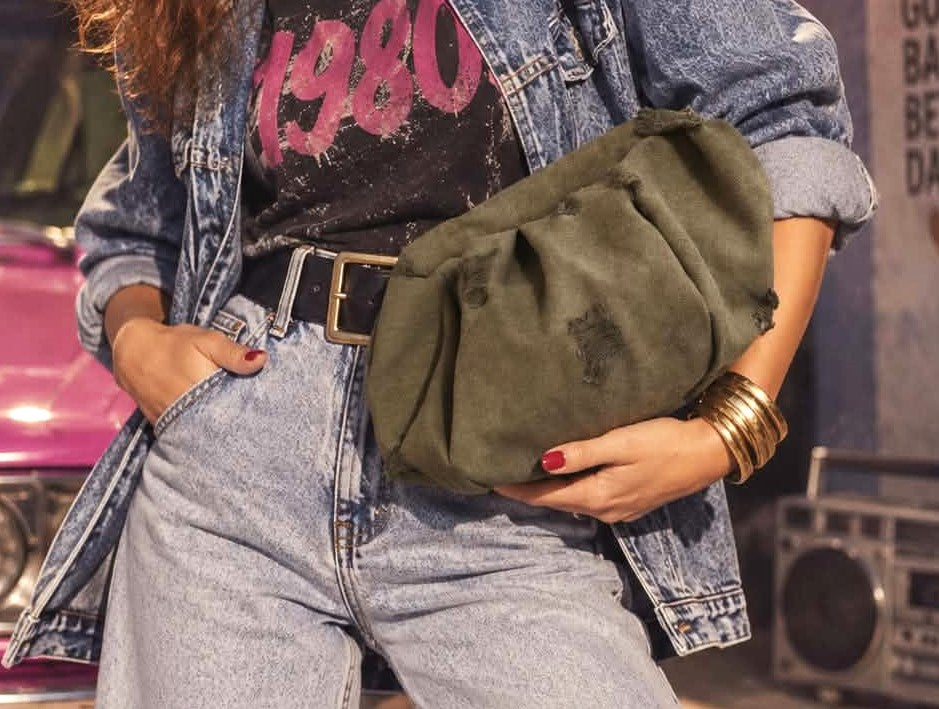 GREEN RIPPED JEAN DUMPLING BAG