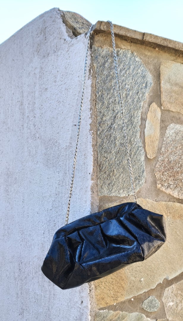 BLACK LEATHERETTE DUMPLING BAG