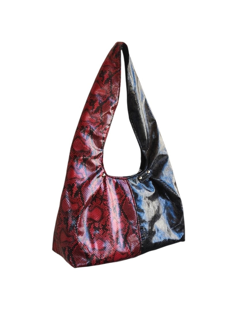 BLACH/RED LEATHERETTE HOBO SHOULDER BAG