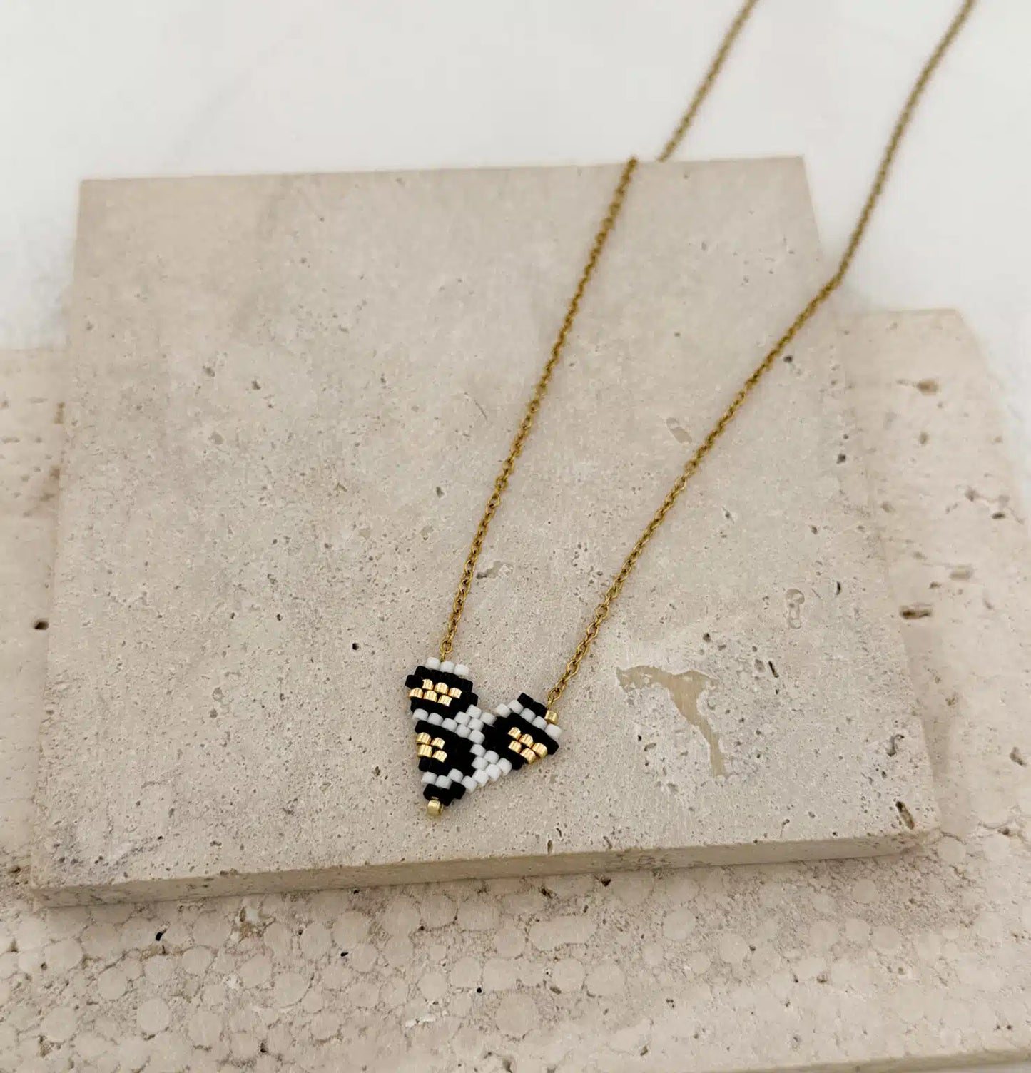 Gold Black White Heart Necklace