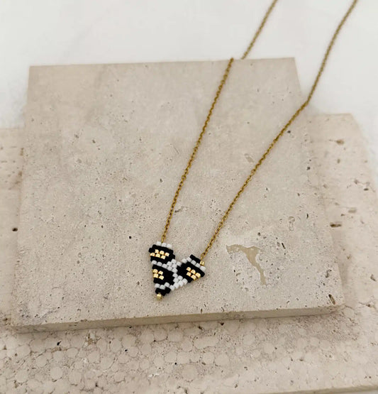 Gold Black White Heart Necklace