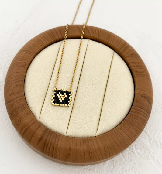 Gold Square Black Heart Necklace