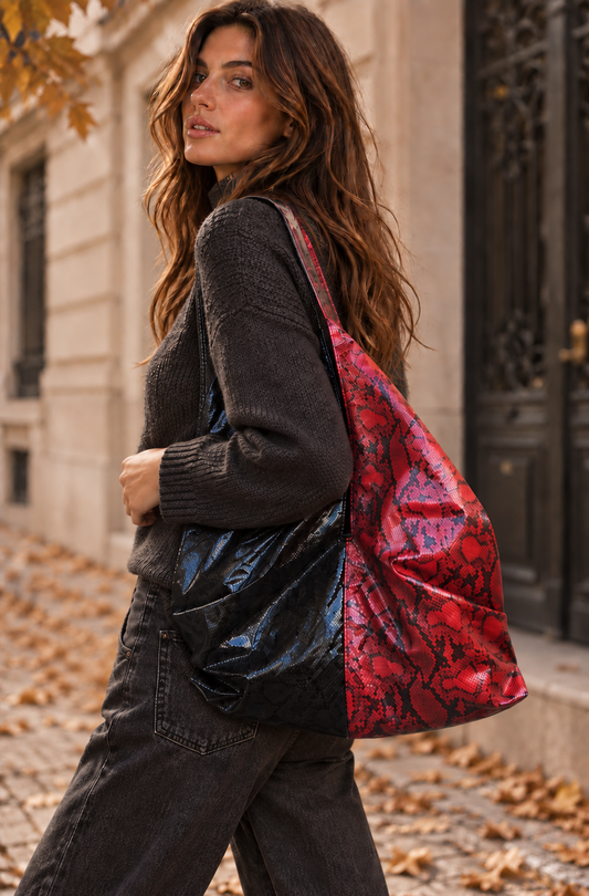 BLACK/RED LEATHERETTE TOKYO SHOULDER BAG