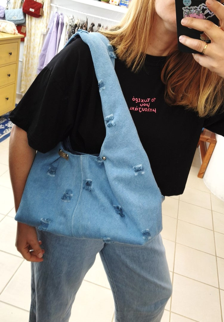 BLUE RIPPED JEAN HOBO SHOULDER BAG