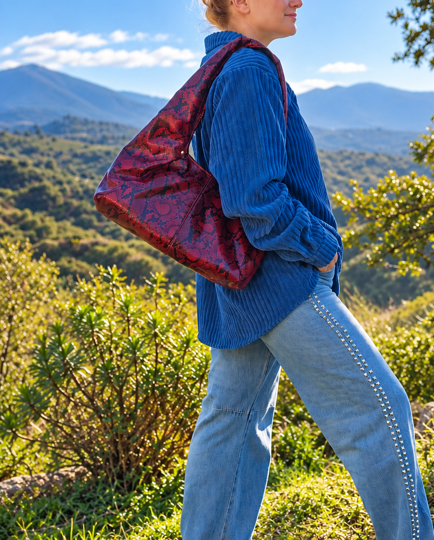 RED LEATHERETTE HOBO SHOULDER BAG