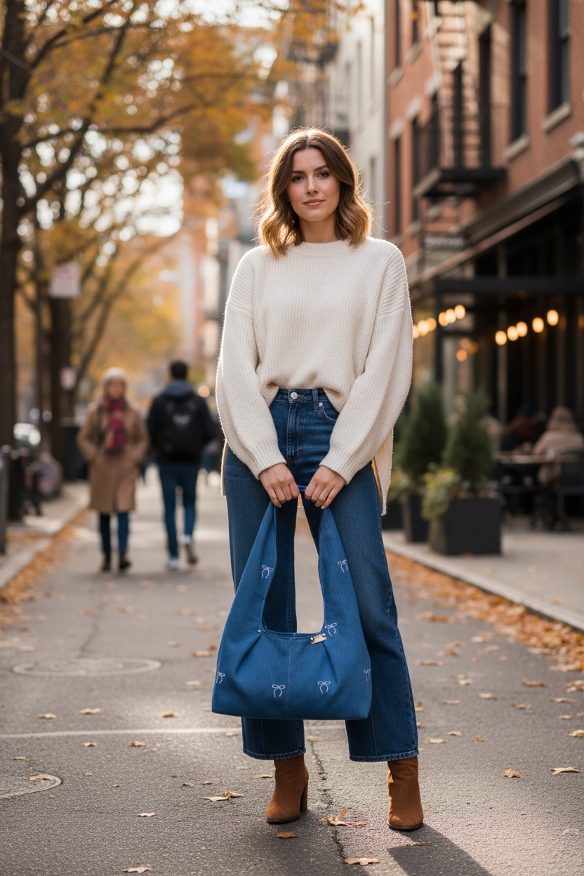 Blue bow bag - autumn/winter street with denim