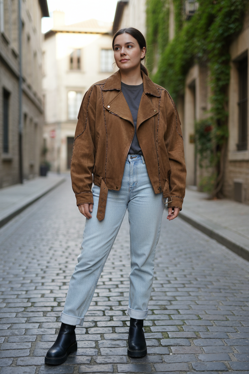 Brown suede bomber jacket - model lifestyle photo