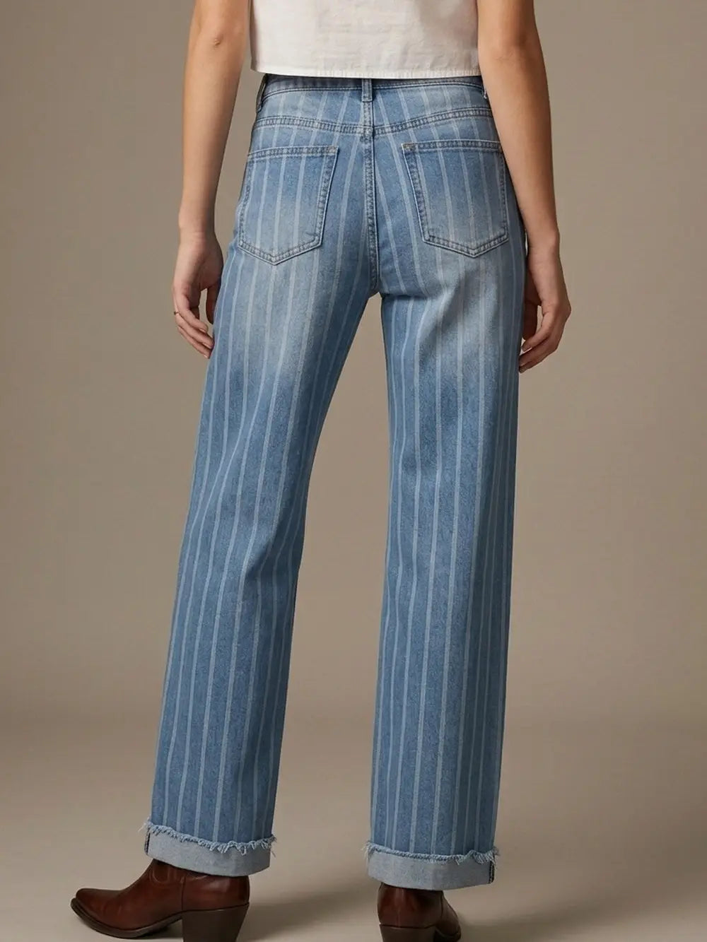Striped Medium Wash Blue Jeans with  Frayed Wide Leg
