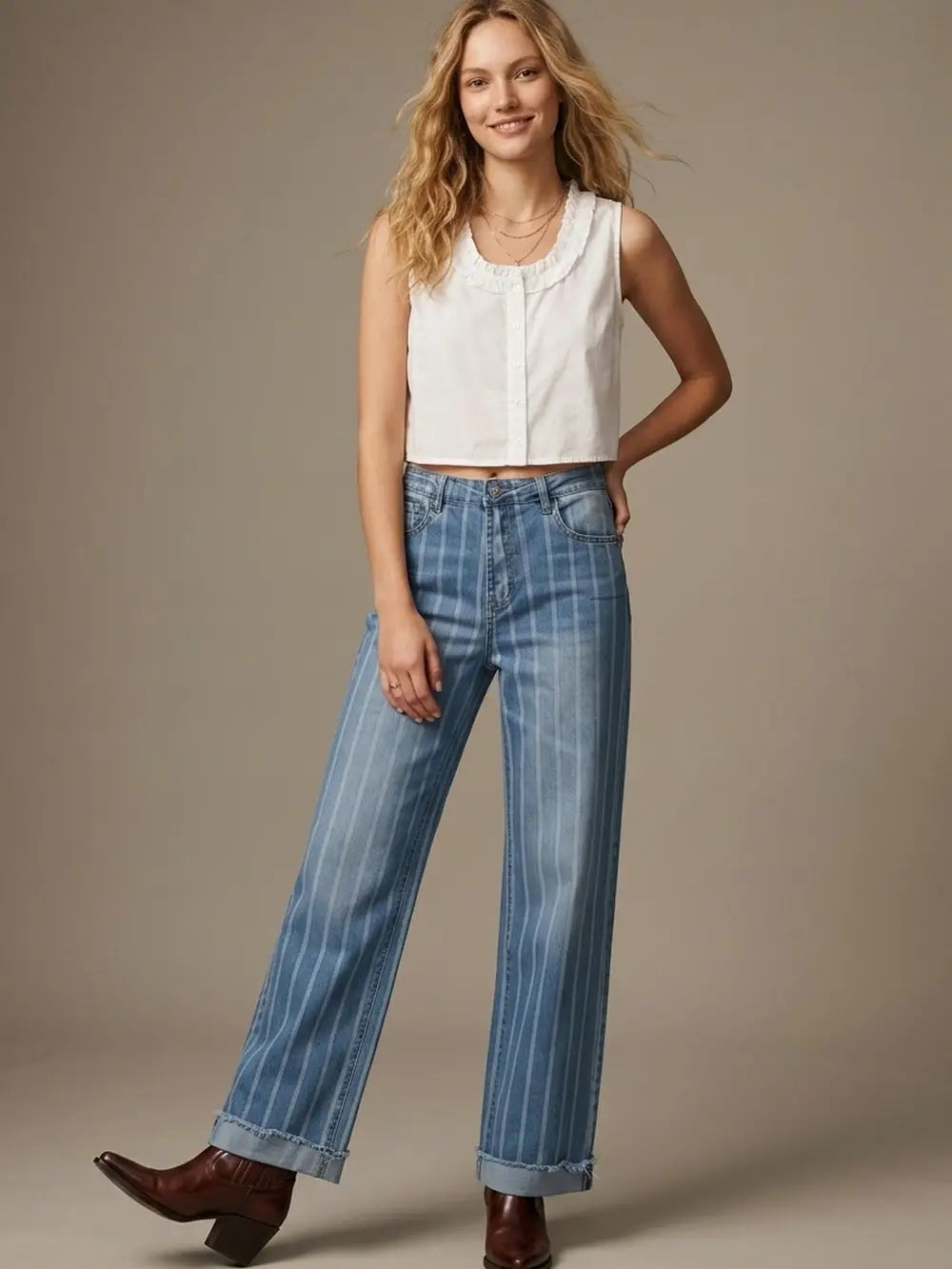 Striped Medium Wash Blue Jeans with  Frayed Wide Leg