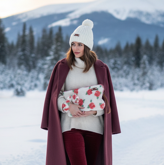 Floral clutch with white beanie and scrunchie
