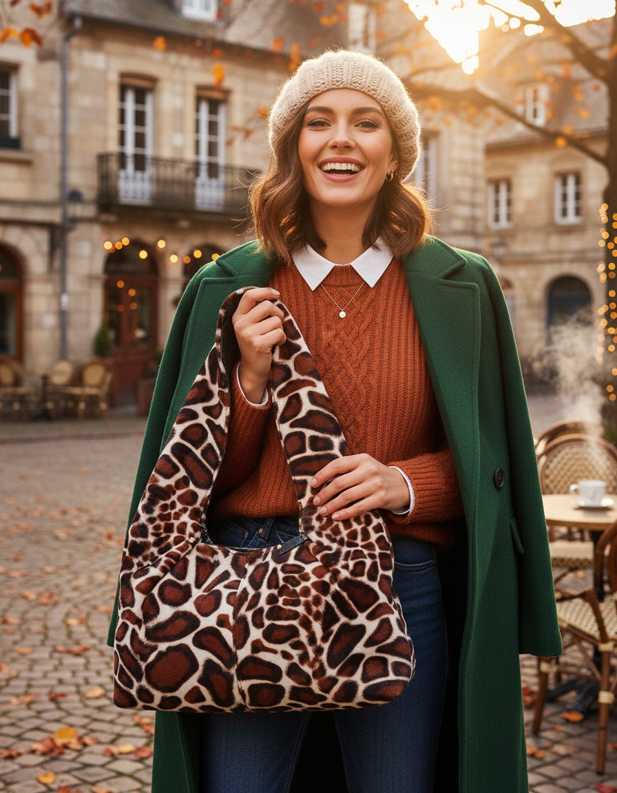 Giraffe print bag - zoomed in joyful town