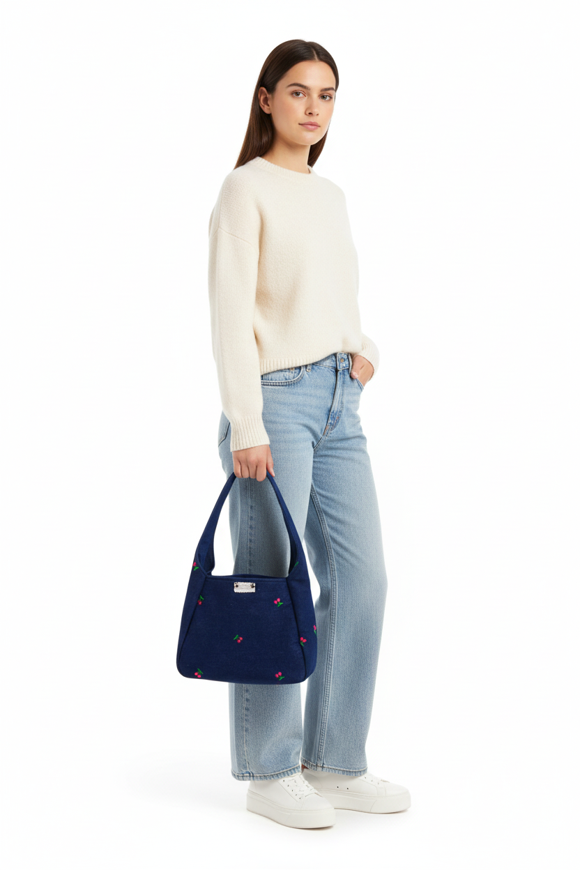 Model holding bag by hand
