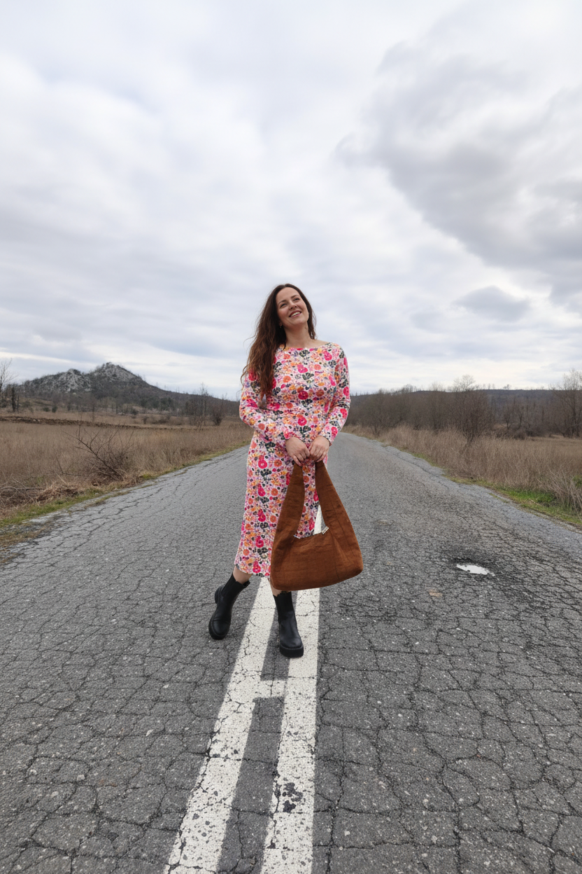 Model in graceful pose on road