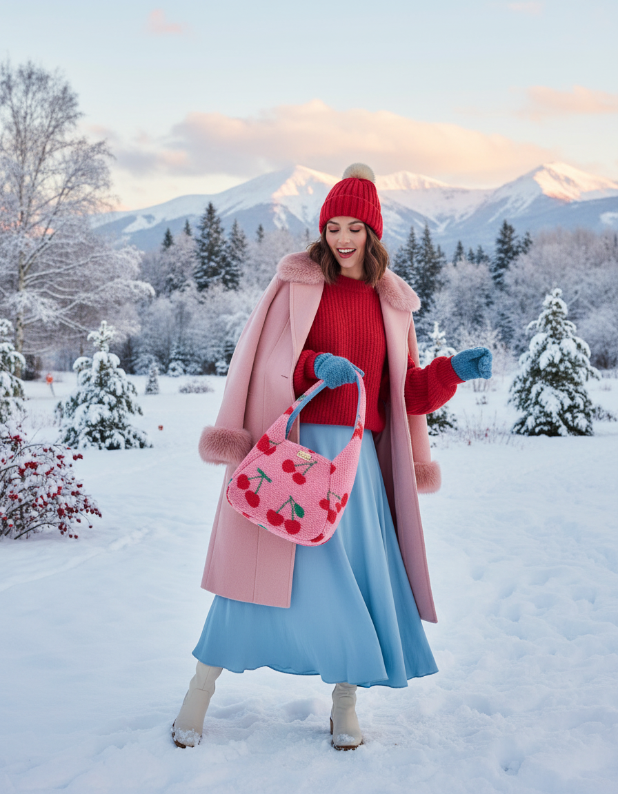 Woman with handbag in winter nature